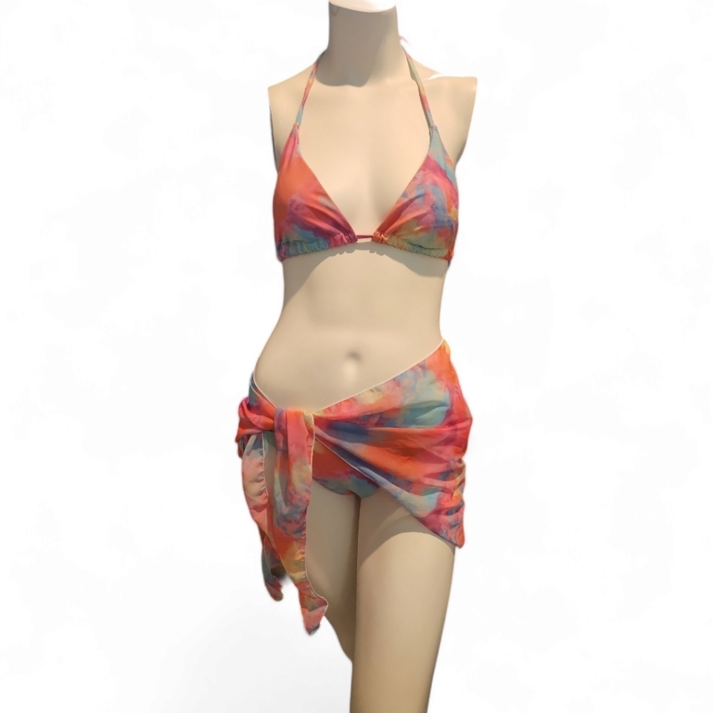 Tie dye colorful string Itty bitty bikini with sheer sarong size L orange blue